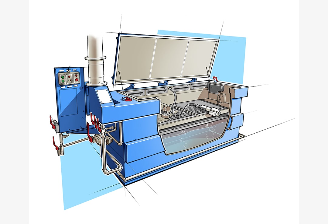 Illustration des Handwaschplatzs HP von Renzmann zur manuellen Reinigung mit Lösemittel aus Edelstahl mit Bürste