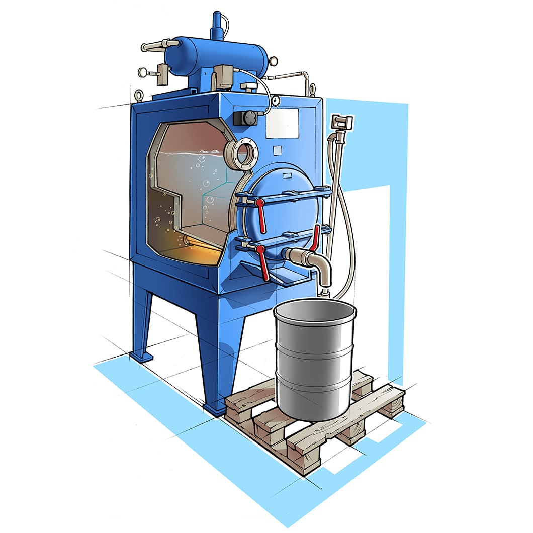 Illustration der Destillieranlage M von Renzmann mit Sicht ins Innere der Maschine