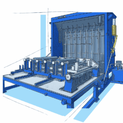 Illustration einer offen stehenden Waschmaschine für Hohlzylinder aus der Druckindustrie. Die Maschine ist geöffnet und es sind mehrere Zylinder eingeladen.