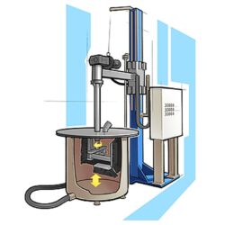 Illustration der Behälterwaschmaschine RioV-Smart mit angehobenem Deckel und darunterliegender Bürste kurz vor der Reinigung eines runden Behälters aus Metall