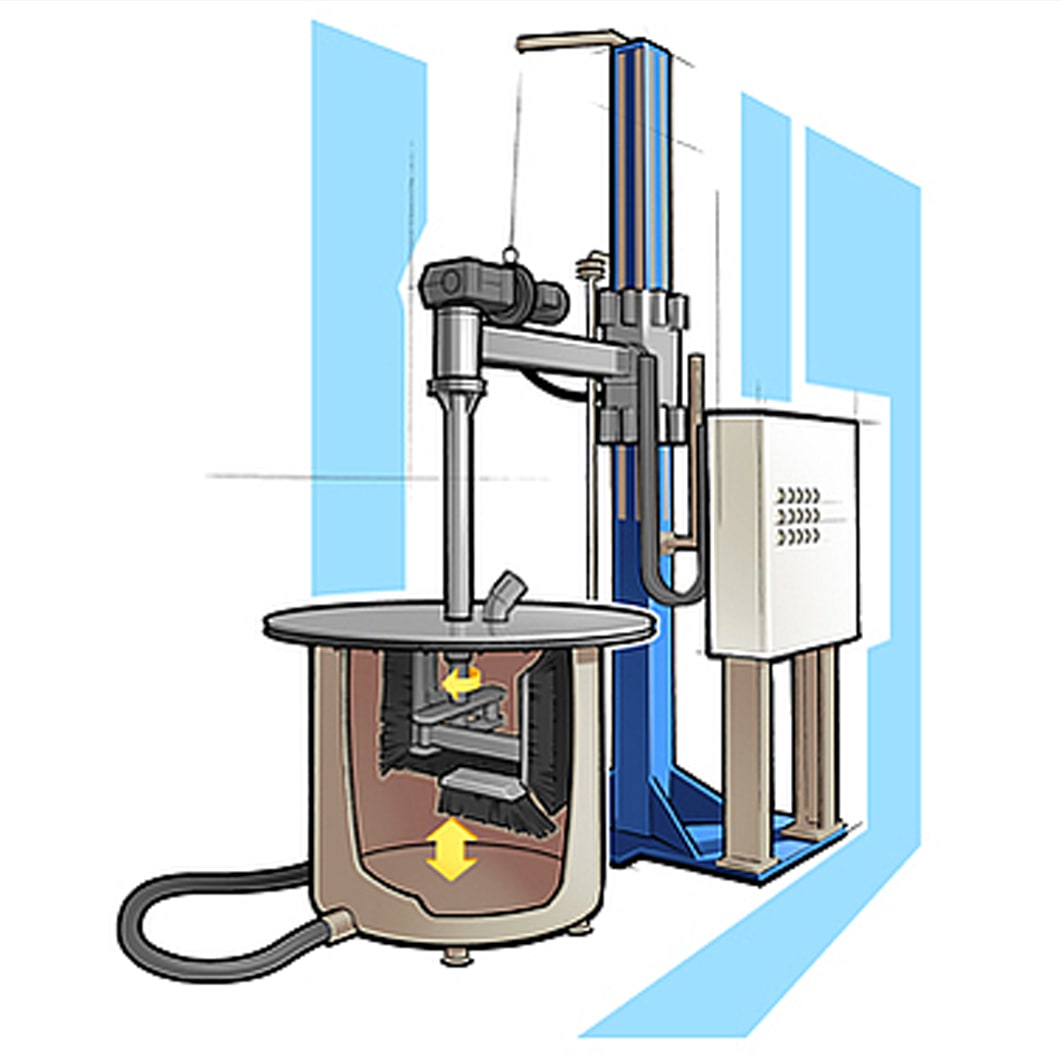 Illustration der Behälterwaschmaschine RioV-Smart mit angehobenem Deckel und darunterliegender Bürste kurz vor der Reinigung eines runden Behälters aus Metall