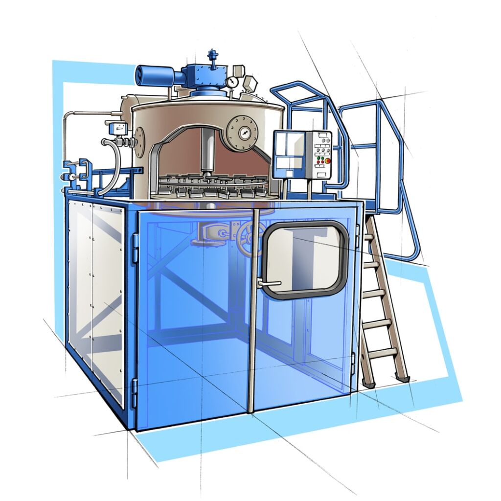 Illustration einer ROTOmaX Destillieranlage mit Einhausung zur Reduktion von Emissionen.