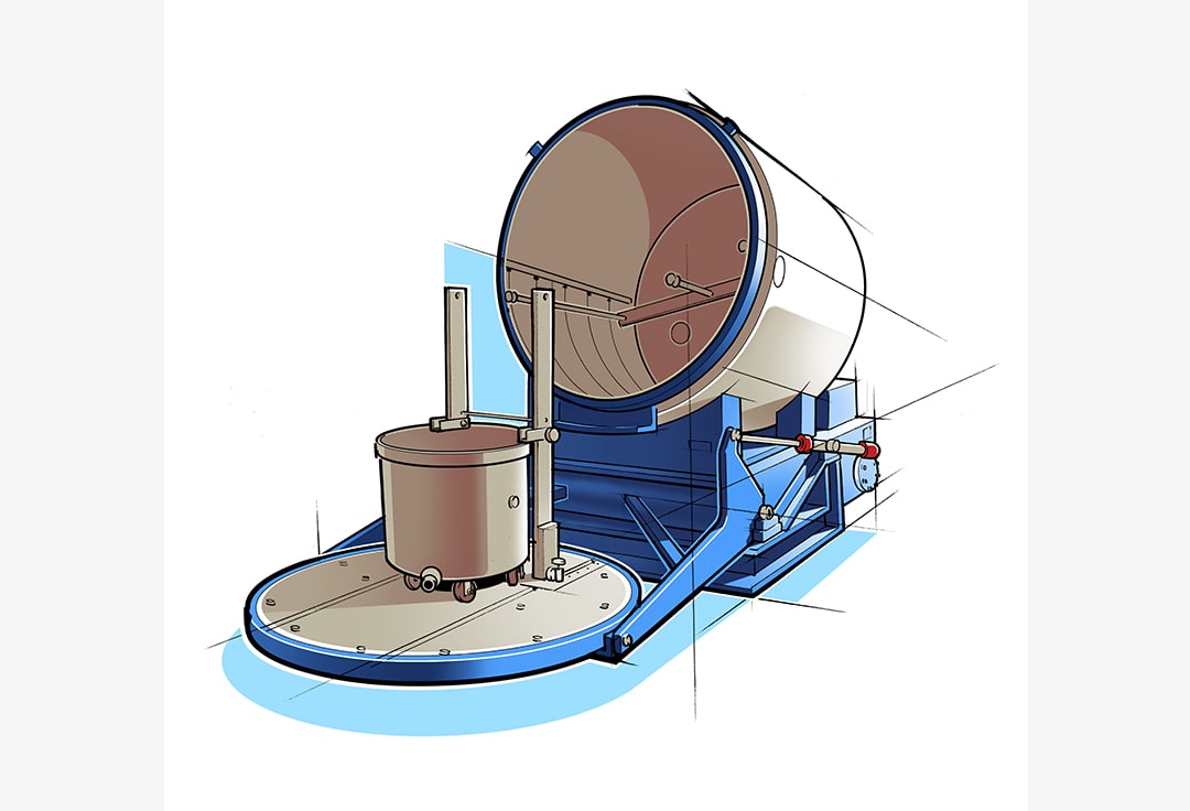Illustration eine Behälter Waschmaschine SKM für die Innen- und Außenreinigung von großen Mischbehältern