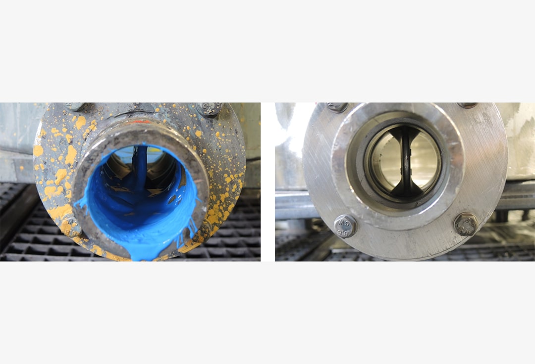 Vorher/ Nachher Bilder eines mit Farbe verschmutzten Auslaufs eines Mischkessels und eines durch eine Renzmann Waschmaschine SKM gereinigten Auslauf eines Mischbehälters