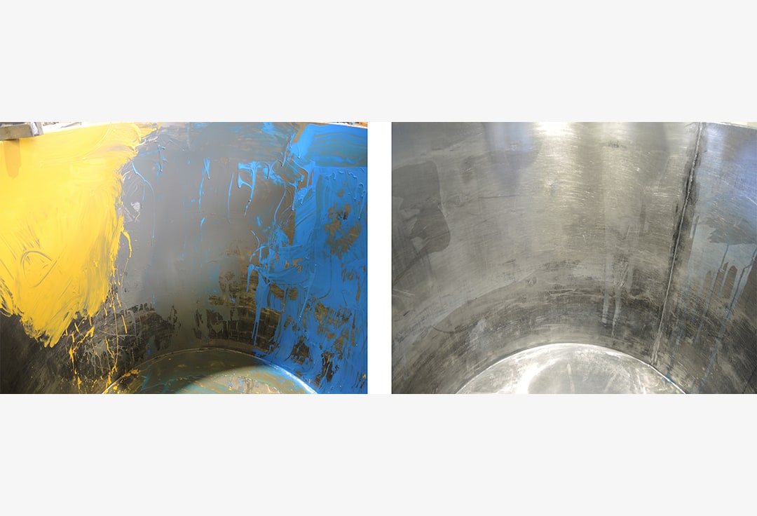 Vorher/ Nachher Bilder eines mit Farbe verschmutzten Mischkessels und eines durch eine Renzmann Waschmaschine SKM gereinigten glänzenden Mischbehälter
