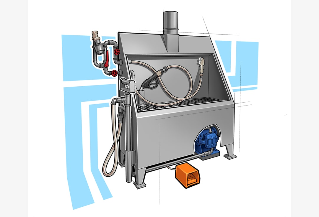 Illustration des Zapf- und Entleersystem ZEL von Renzmann aus Edelstahl mit Spritzdüse