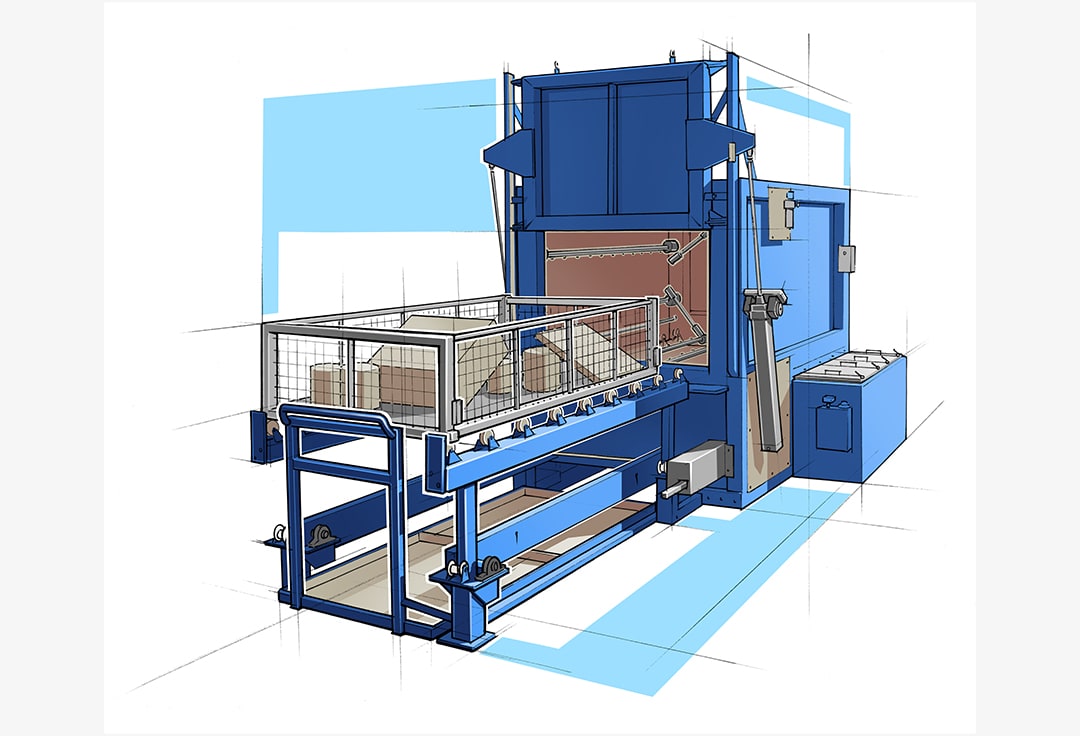 Illustration der Waschmaschine 310 von Renzmann mit geöffneter Maschinentür und befüllter Beladeeinheit