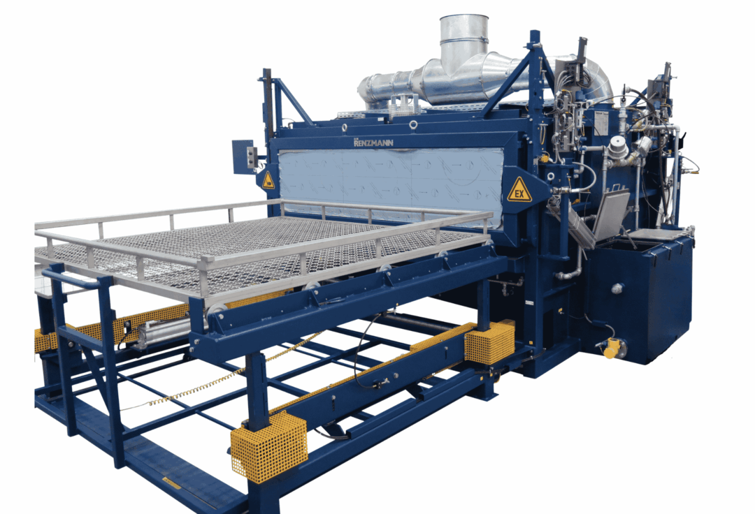 Industrielle Waschmaschine 3500 von Renzmann für große Mengen an farbverschmutzten Teilen mit offenem Korb.