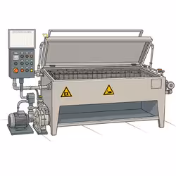 Industrielle Waschmaschine CLEANFLeX für die Teilereinigung aus Edelstahl mit offener Abdeckung, Gittereinsatz und Bedienpanel an der Seite