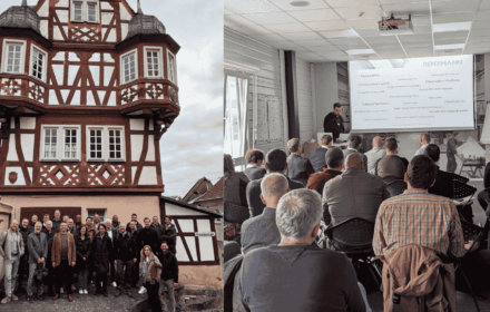 Internationale Handelsvertreter vor Fachwerkhaus in Monzingen und Präsentation im Seminarraum