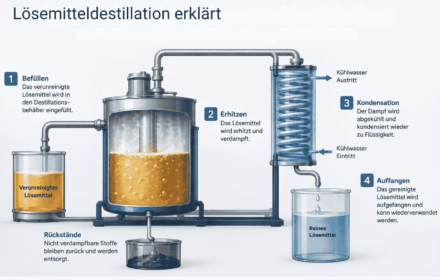 Diagram of solvent distillation with a condenser and vessels