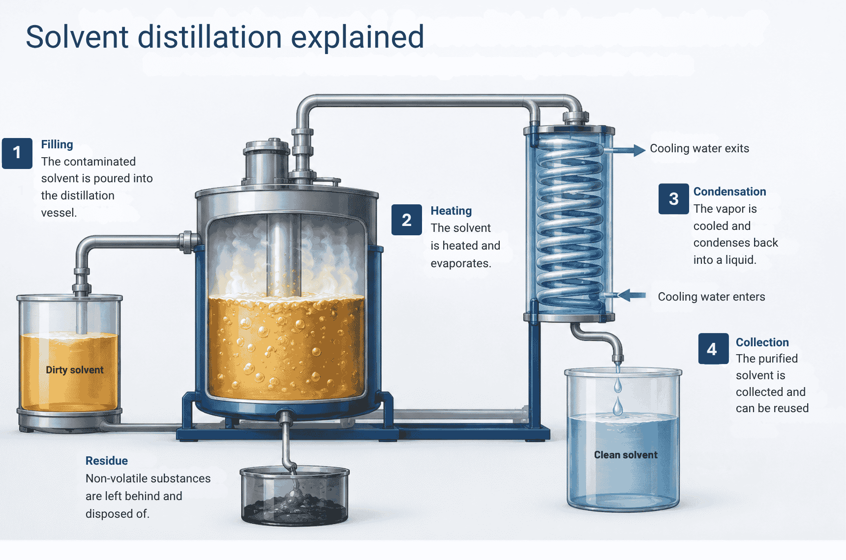 Diagram of solvent distillation with a condenser and vessels